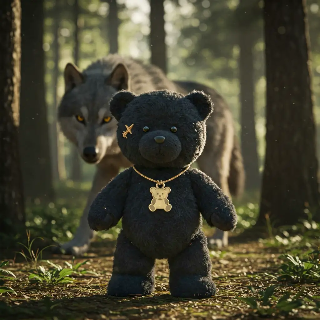 Wolf Looking at Bear Teddy Bears' Pinic - Teddy Bear Wearing an Event Badge